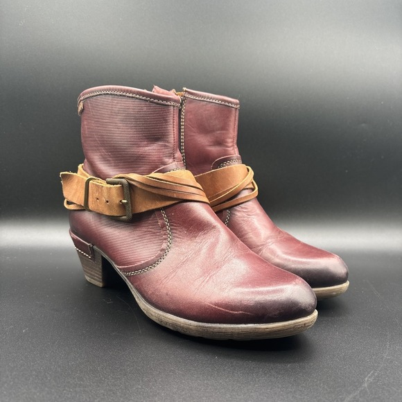 PIKOLINOS Shoes - Pikolinos Ankle Boots Women's 38 Buckle Red Burgundy Leather Zip Up Heel